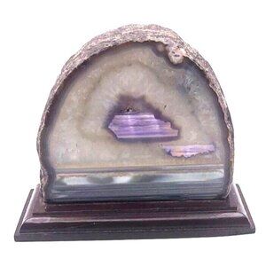 Brazilian Geode Agate Slice White & Purple Banded Mounted Wood Base
